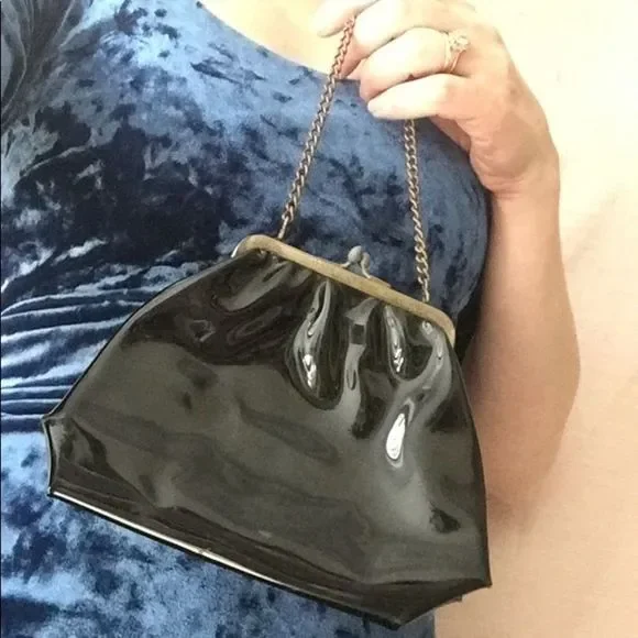 Vintage Cocktail Purse Handbag Black Shiny - Picture 6 of 6